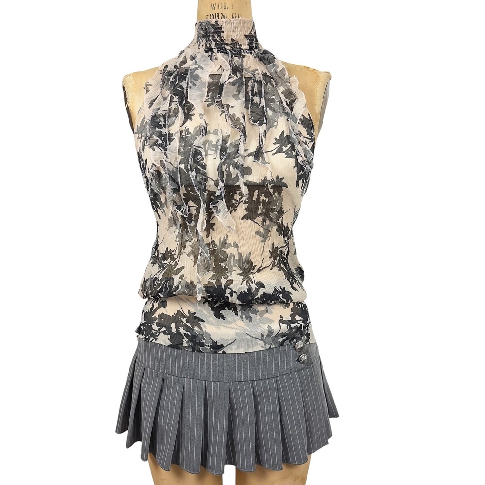 Y2K Ruffle Sheer High Neck Halter Top Smocked Hem Floral Dark Coquette Size S